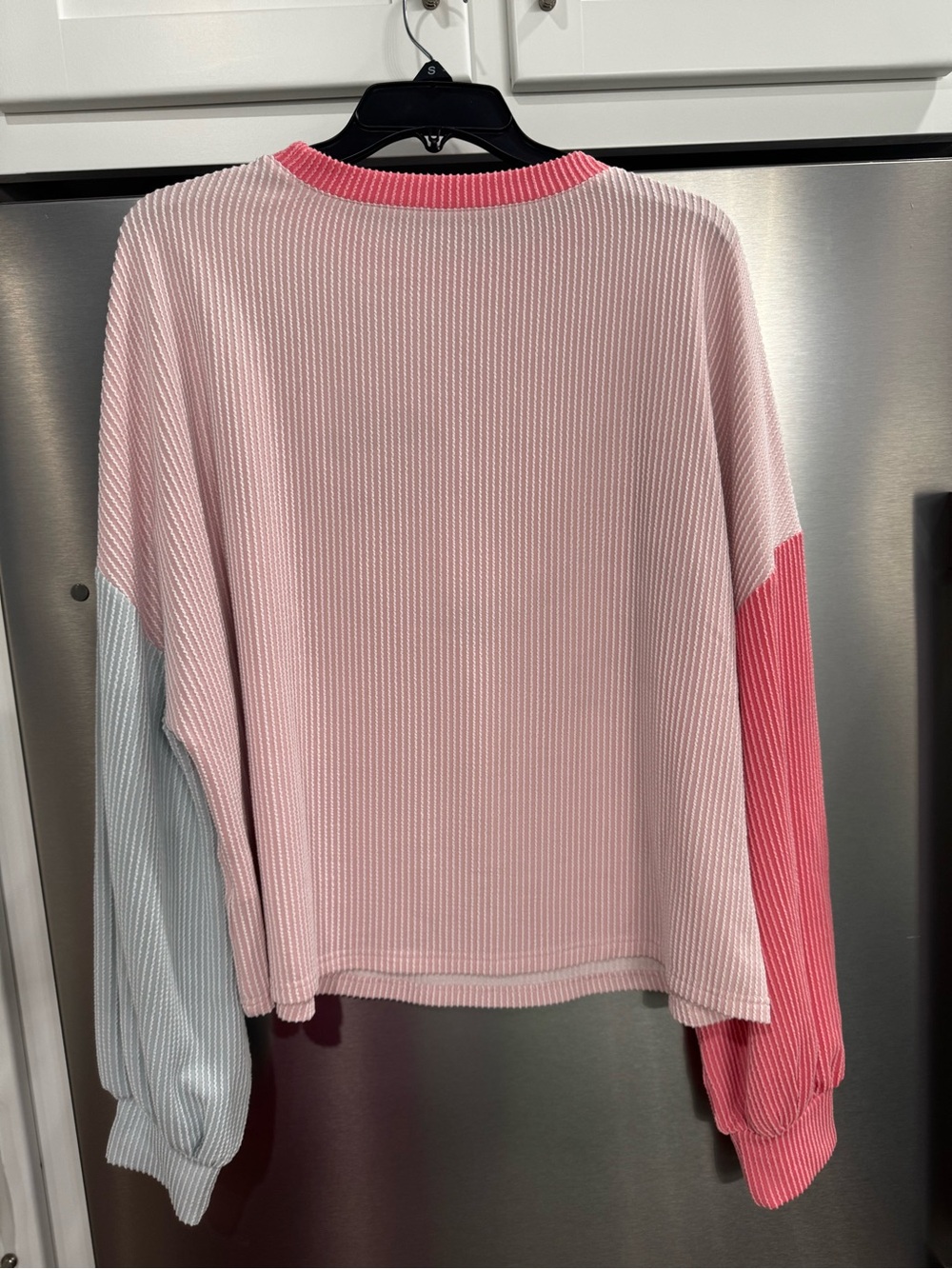 Pink Colorblock Ribbed Crewneck Pullover - Picture 2 of 3